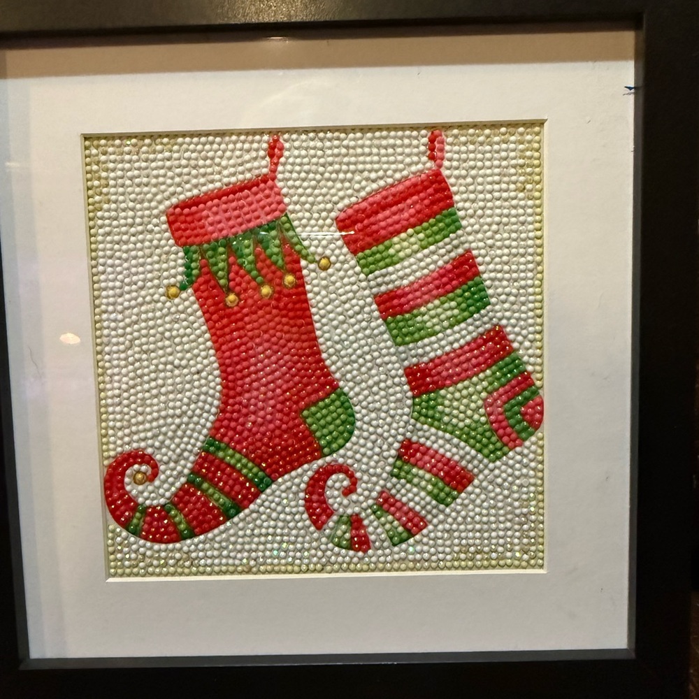 Completed and Framed Festive Red and Green Holiday Stocking Diamond Art